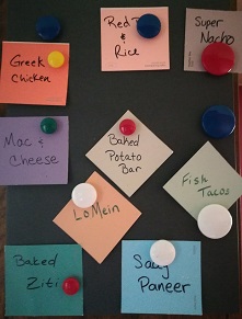A magnetic board with cards listing meal ideas